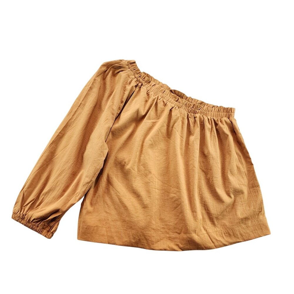 Evereve NEW Burnt Gold Shane One Shoulder Top Ruffle Preppy Balloon Sleeve sz XL